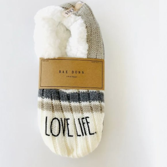 rae dunn love life white grey striped slipper socks size small medium 5-7 nwt - Picture 1 of 6